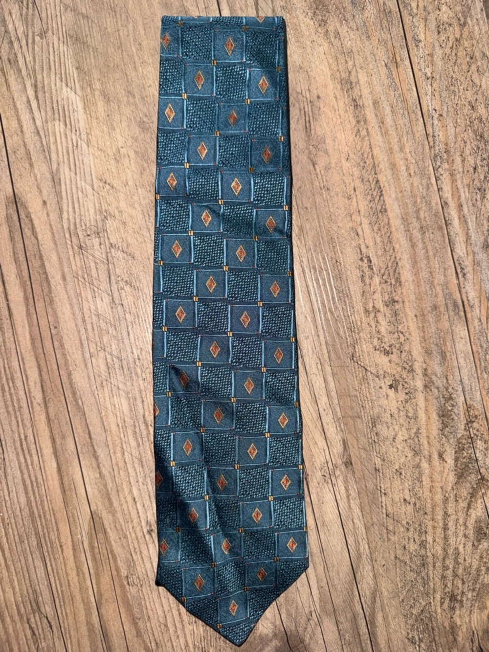 Jos. A. Bank Teal Geometric Diamond Pattern Tie with Tan Accents